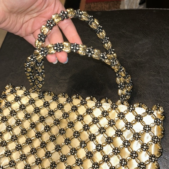 BIJOUX TURNER GOLD & BLACK BEADED MINI FAUX SATIN MINI BAG PURSE - Picture 4 of 8
